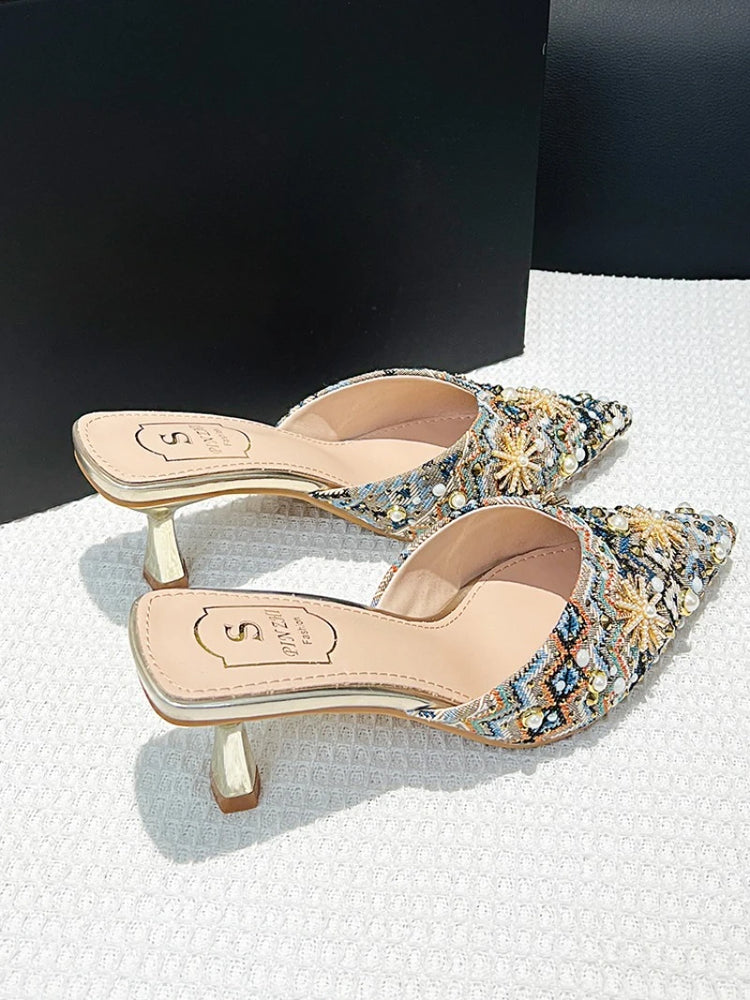 Luxury String Bead Decoration Design Brand High Heel Slippers Women Shiny Rhinestone Slide Sandals Elegant Wedding Bridal Shoes