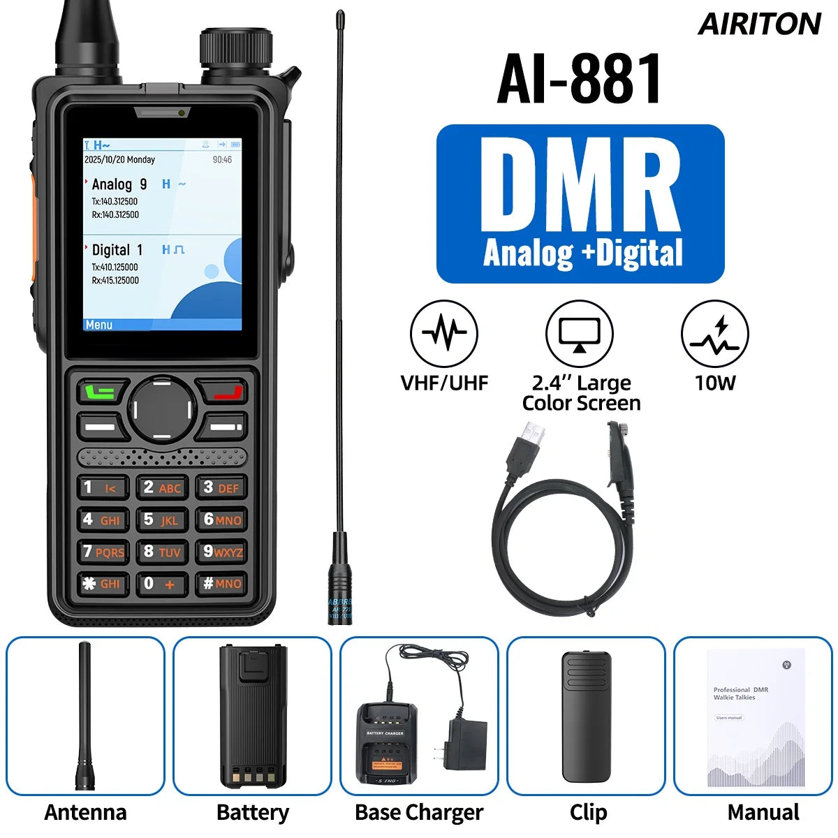 AIRITON AI-881 DMR Walkie Talkie IP67 Waterproof 10W High Power Dual Time Slot Large Color Screen New AR-880 VOX Two Way Radio