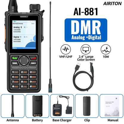 AIRITON AI-881 DMR Walkie Talkie IP67 Waterproof 10W High Power Dual Time Slot Large Color Screen New AR-880 VOX Two Way Radio