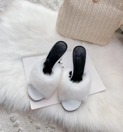 Mink fur high heels for women, slim heels, summer new style, open toe slippers, sexy fish mouth leather party sandals for women