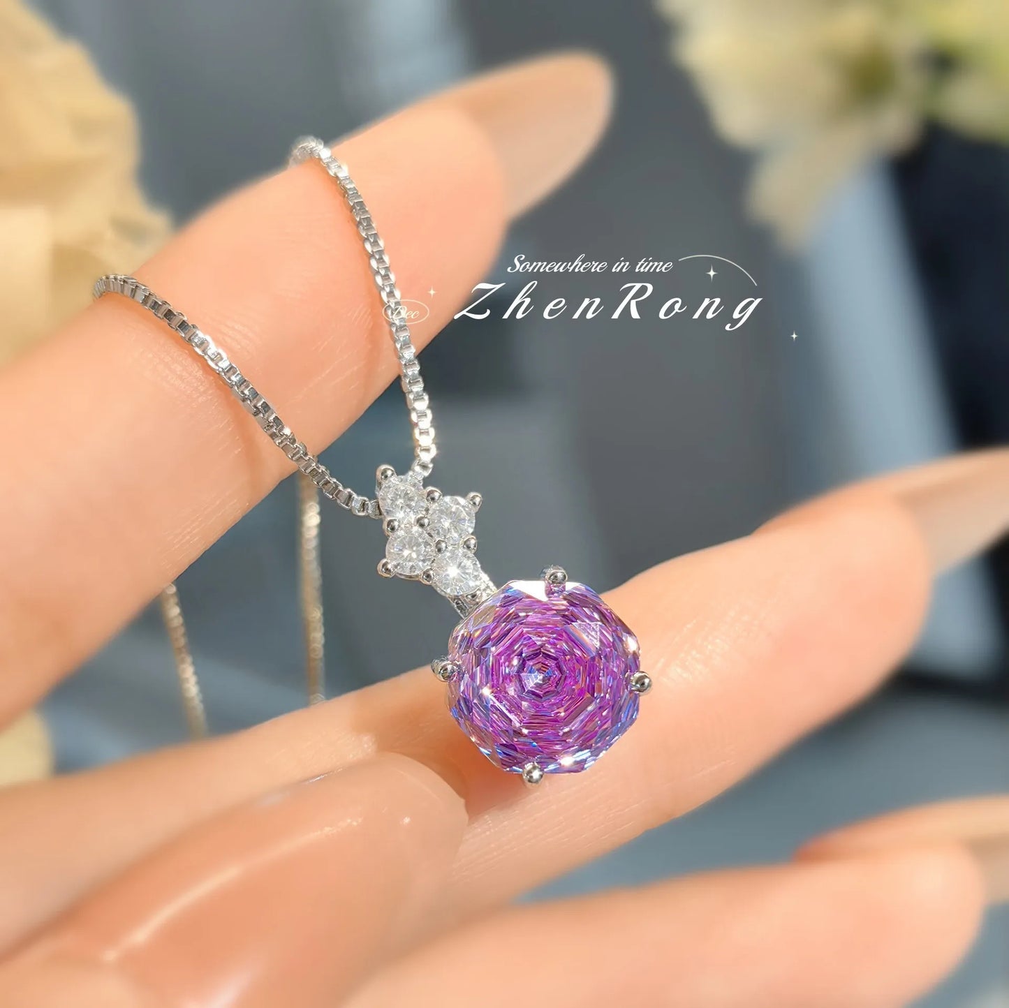 Foyejev Luxury Round Rose-cut Purple-Iron Oxide Zircon Pendant Necklace Earrings Ring Engagement Jewelry Set (Women's Style)