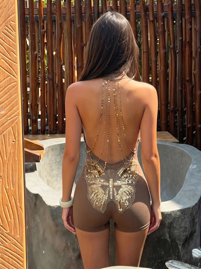 Kliou Butterfly Decoration Mini Dress Woman Sexy Metal Chain Backless Skinny Peach Hip Hot Girls High Street Fashion Rompers