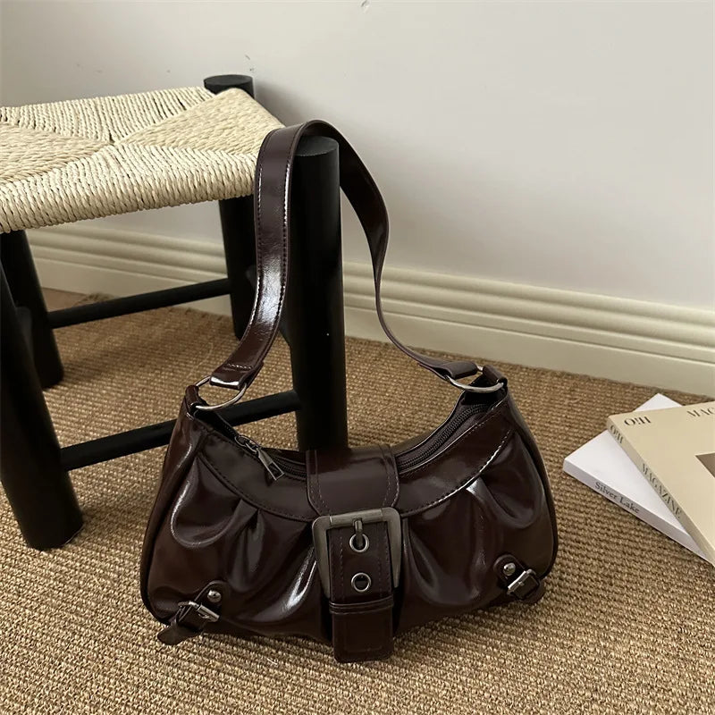 Fashion Pleated Lock Design Women's PU Shoulder Bags Simple Solid Color Ladies Underarm Bag Portable Cool Girls Phone Handbag