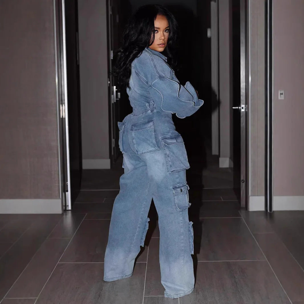 Jumpsuits Women Overalls Denim Spliced Long Sleeve Ruffles Rompers Pockets Streetwear Solid Jumpsuit Straight Pants Jeans Y2k