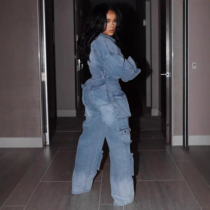 Jumpsuits Women Overalls Denim Spliced Long Sleeve Ruffles Rompers Pockets Streetwear Solid Jumpsuit Straight Pants Jeans Y2k