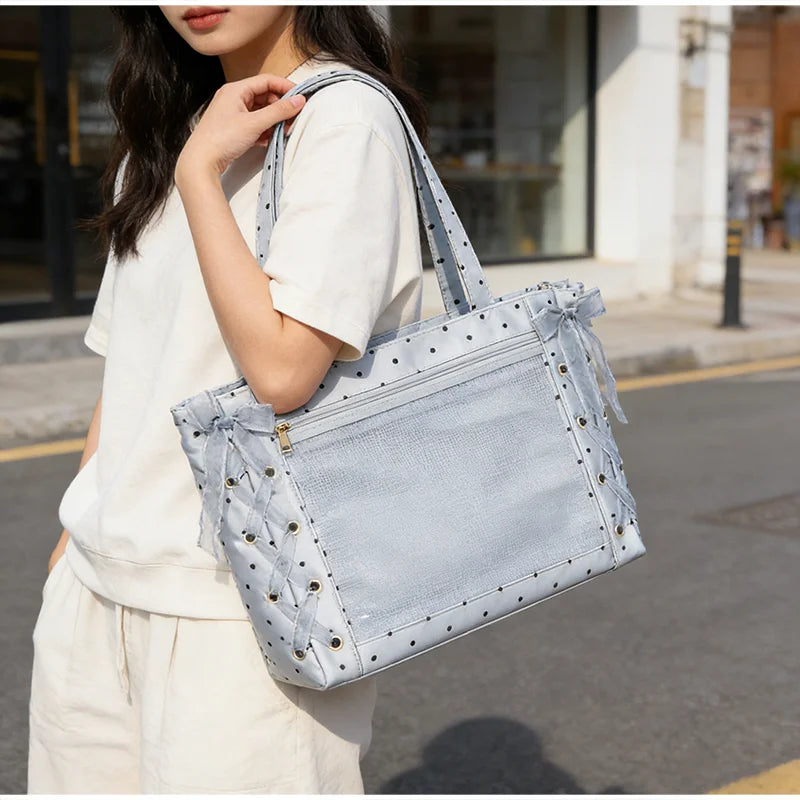 Sweet College Style Ribbon Ita Bag Women Fashion Shoulder Bags Large Capacity Tote Bag For Daily Commuting Transparent Handbag