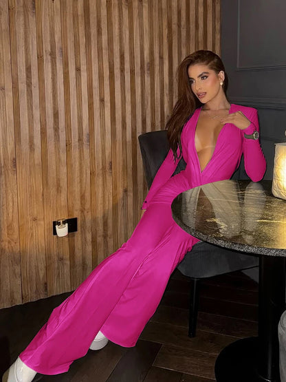 Weird Puss Cross Ruched Jumpsuit Women Patchwork Deep v-Neck Full Sleeve Elegant Skinny Stretch Workout Office Classic Overalls
