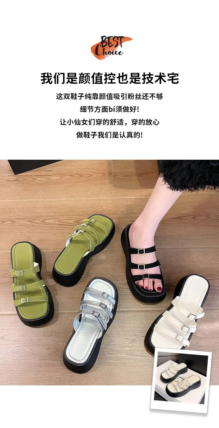Women Thicken Soled Buckle Strap Sandals Platform High Heel Shoes Ladies Cut-Out Slippers Open Toe Flipflops Silver Beach Slides