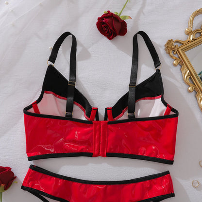 European and American spicy girl comfortable contrasting PU leather slim fit shaping sexy lingerie two-piece set