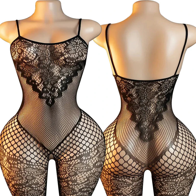 One Piece Pants Sexy Crotchless Bodysuits For Women Erotic Outfits Mesh Hollow Jumpsuits High Waist Elastic Bodystocking Rompers