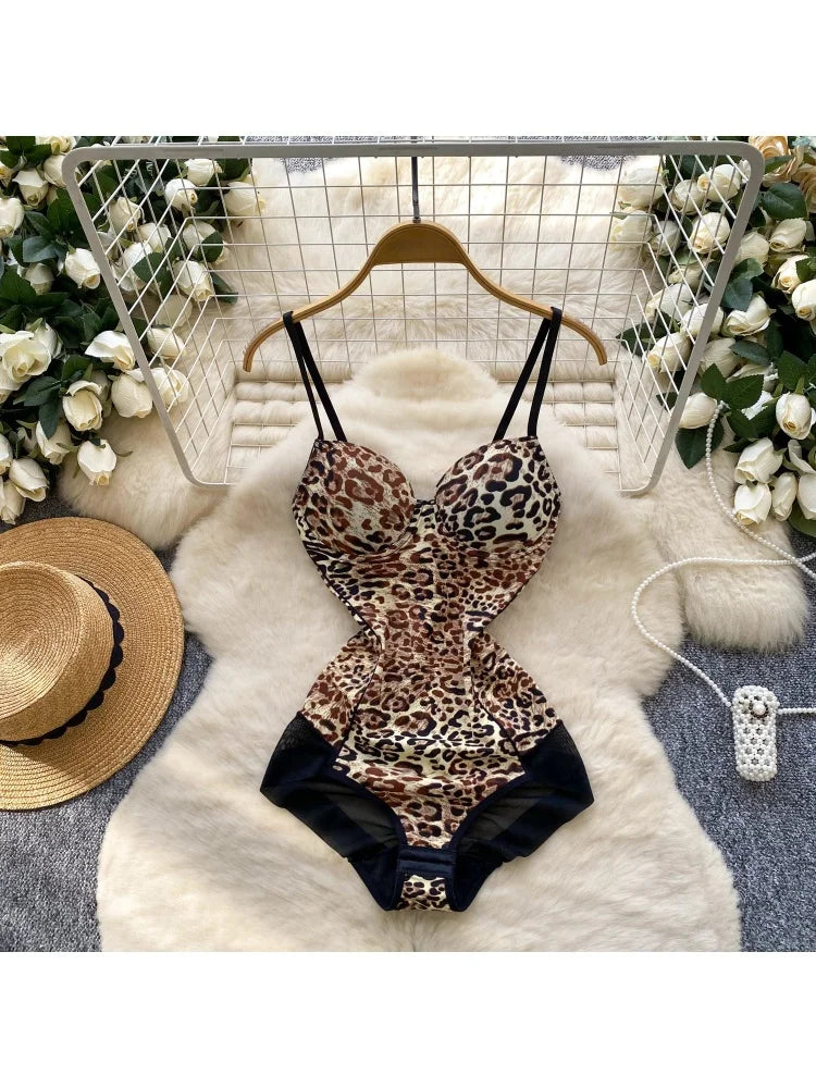 Women Hotsweet Spliced print backless leopard slim Vintage Straps Bodysuits Chic Jumpsuits Slim Top Clothing