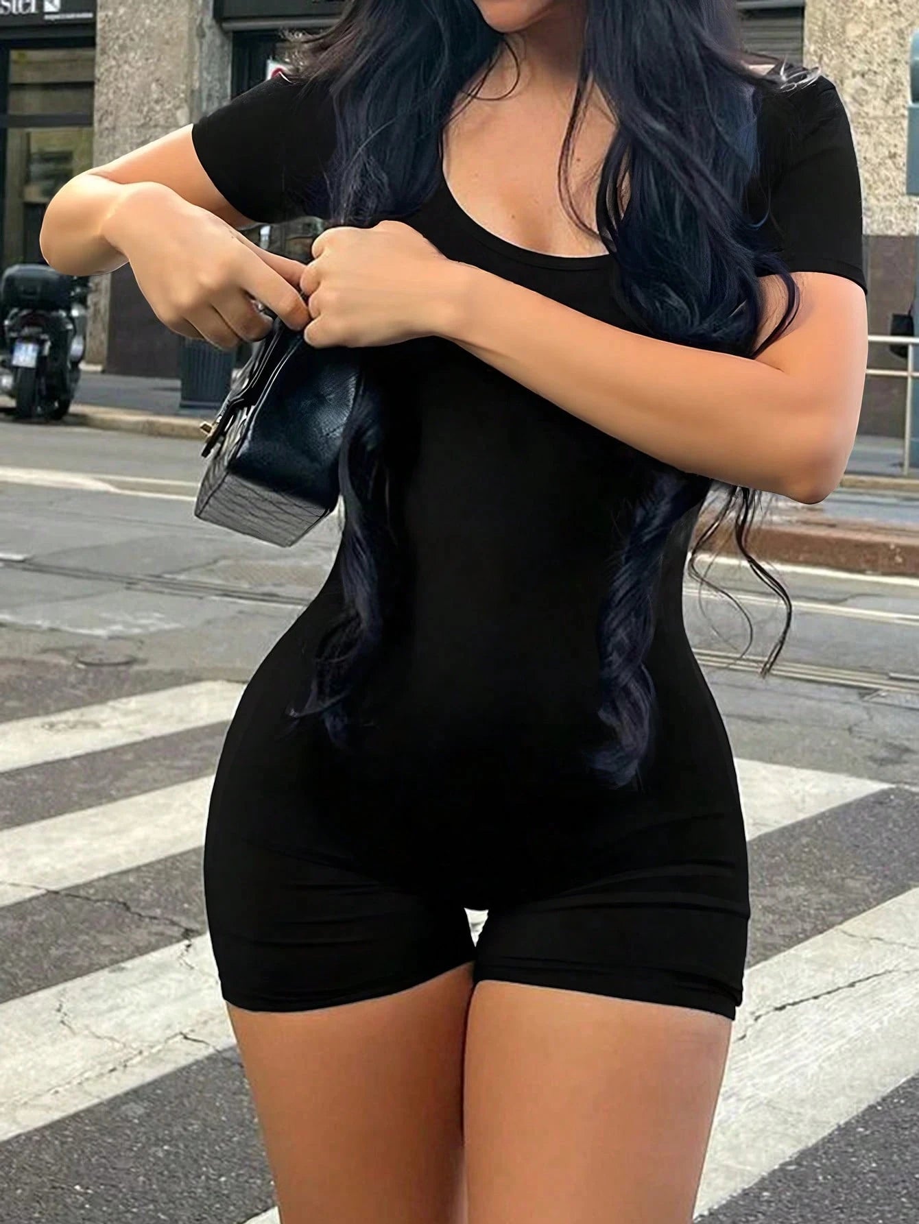 Women'S Spring And Summer Solid Color Sexy Fitted Outdoor Commuting Round Neck Short Sleeve Jumpsuit