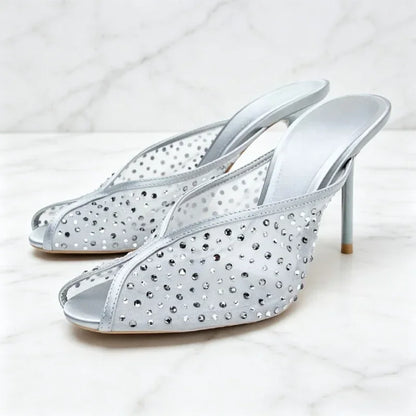Luxury Rhinestone Detail Mules Sandals Women Sexy Peep Toe High Heel Slippers for Ladies Elegant Banquet Shoes Summer Mesh Shoes