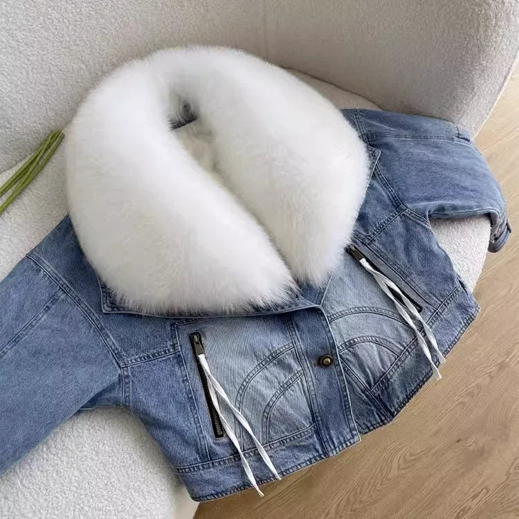 Winter Thickened Short Denim Jacket Fashion  Parkas Jeans Jacket Luxury Fur Coat Removable Fur Collar Cotton Jacket New