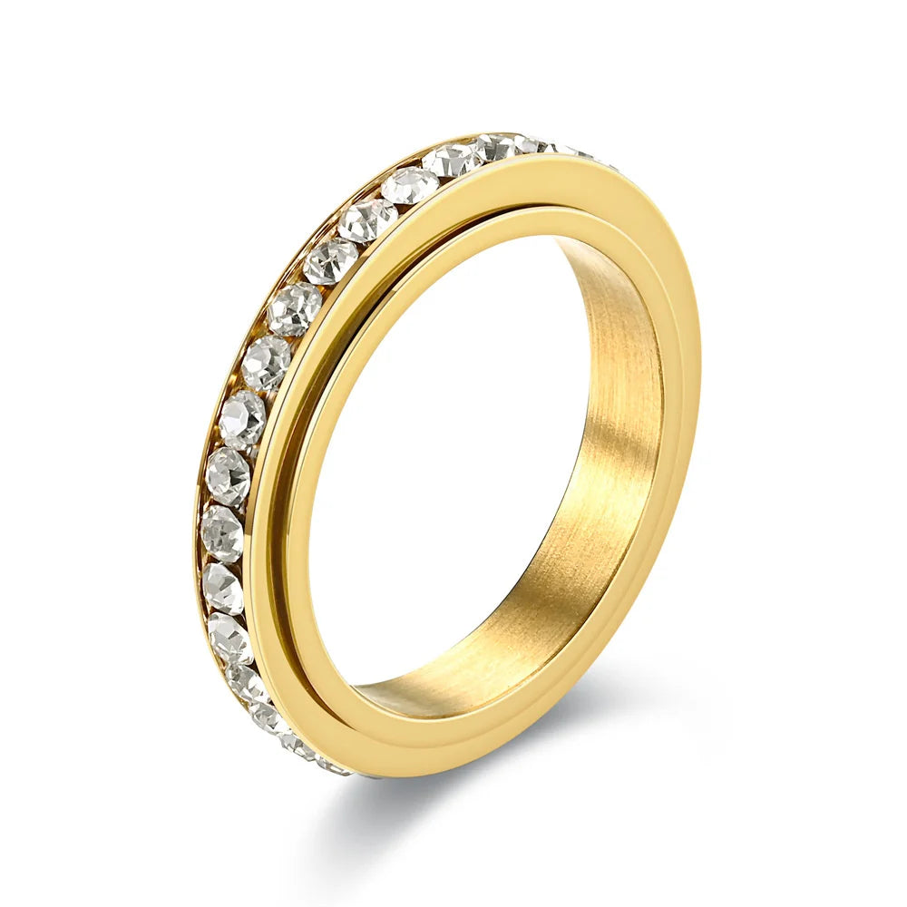 Fidget Anxiety Anti-stress Ring Women's 4mm Gold Silver Color Stainless Steel Crystal Rotatable Spinner Rings for Woman Jewelry