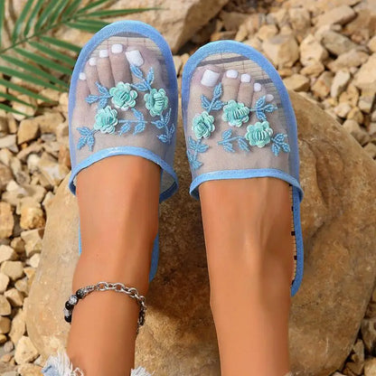 Mesh Breathable Embroider Sequin Flower Mules Shoes Summer Closed Toe Soft Bottom Sandals Female Chinese Style Bamboo Sandals