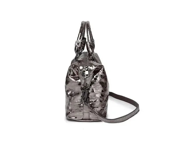Real Leather Shiny Tote Handbags For Women Fashion Genuine Cowhide Leather Metallic Lady Bags With Shiny Embossed Coating