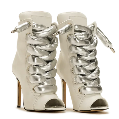 Peep Toe Corss Tied Patchwork Ankle Boots Sexy Square Toe Thick Heel New Arrivals Fashion Women Runway Shoes