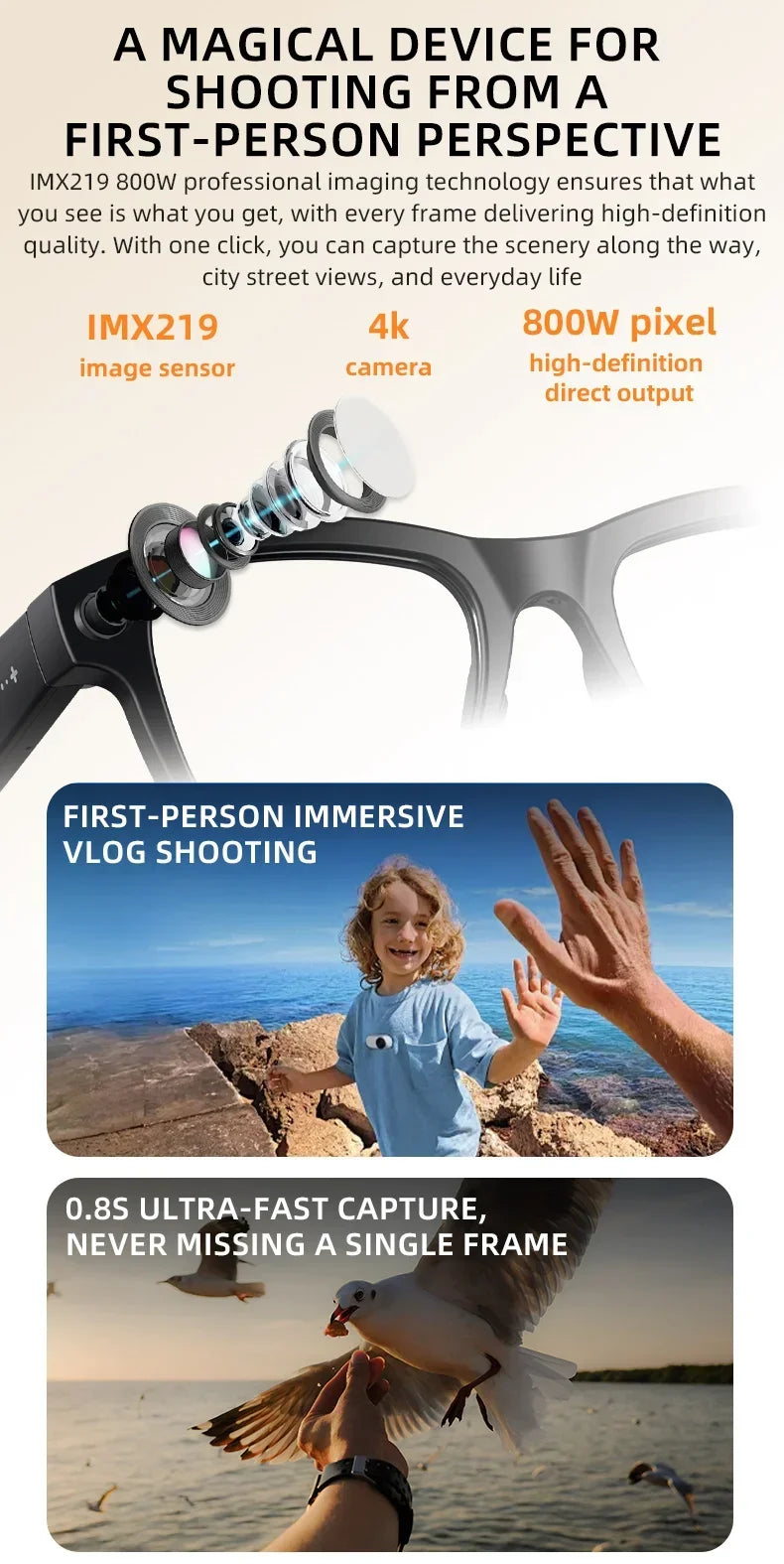 Smart Glasses with Camera 8MP HD Photo Video Recording EIS Anti Shake 1400mAh Charging Case WiFi Sync Transfer for Men Women