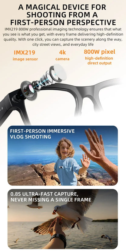 Smart Glasses with Camera 8MP HD Photo Video Recording EIS Anti Shake 1400mAh Charging Case WiFi Sync Transfer for Men Women