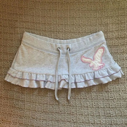 Y2k Aesthetic Letter Print Mini Skirt Women Harajuku Drawstring Sweet Cute Dress Streetwear Ruffled Grunge Skirts Chic Fashion