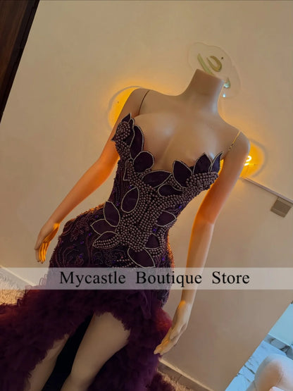 Luxury Pearl Beaded Deep Purple Spaghetti Strap Diamond Prom Dresses High Slit Ruffle Tulle Train Evening Gown Customized