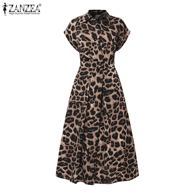 2025 Summer Leopard Print Dresses ZANZEA Women Maxi Long Dress Lapel Neck Short Sleeve Work Vestidos Robe Officewear Sundress