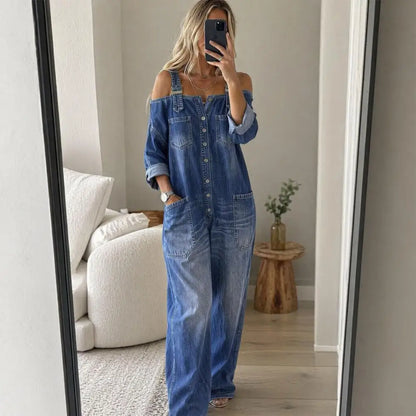 Summer Denim Jumpsuit for Women, Long Sleeve Off Shoulder Loose Bib Overall, Button Down Wide Leg Jeans Romper with Pockets