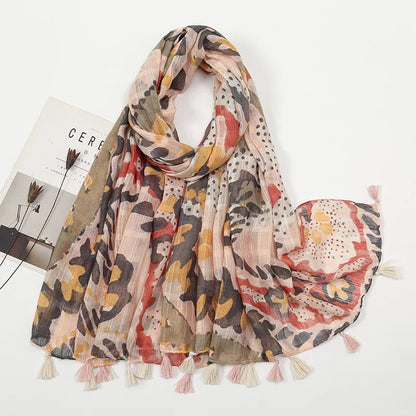 2025 Japanese Boho Linen Scarf: Vintage Floral Print Patchwork Shawl - Sun Protection Fringe Wrap Women