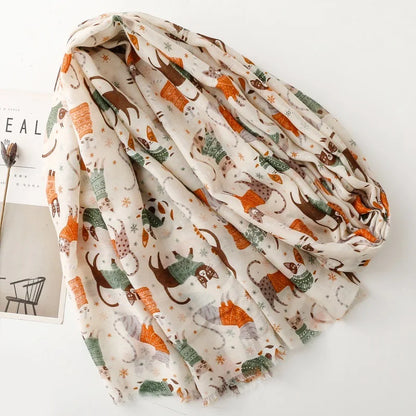 Cozy Dachshund Dog Cat Pattern Viscose Shawl for Women - 180x90Cm Fringe Detail Breathable Thin Wrap Scarves Autumn/Winter Snood