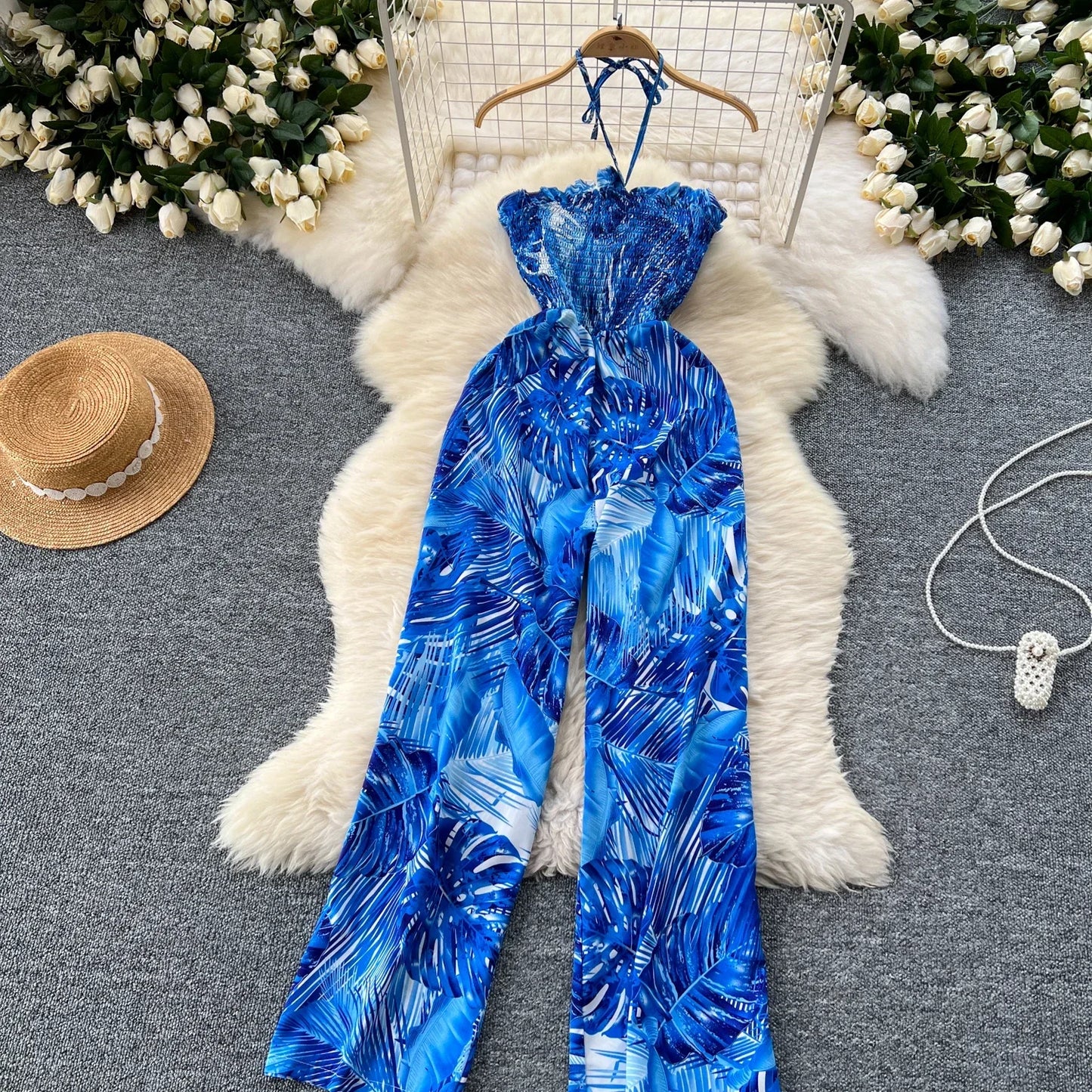 2024 New Summer Sexy Bohemian Leaf Print Jumpsuits Women Sleeveless Sexy Long Jumpsuit Mujer Casual Holiday Beach Rompers