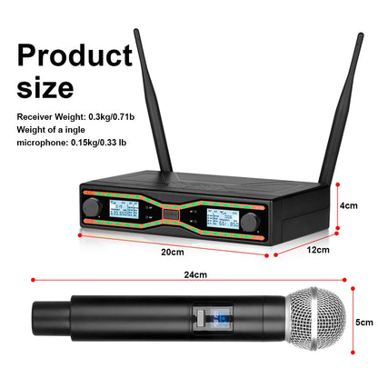 2-Channel Wireless Microphone System, UHF Fixed Dual-Frequency Wireless Kit with 2 Handheld Dynamic Transmitter Microphones and Receiver Base, Suitable for Singing, Weddings, DJs, Parties, Black