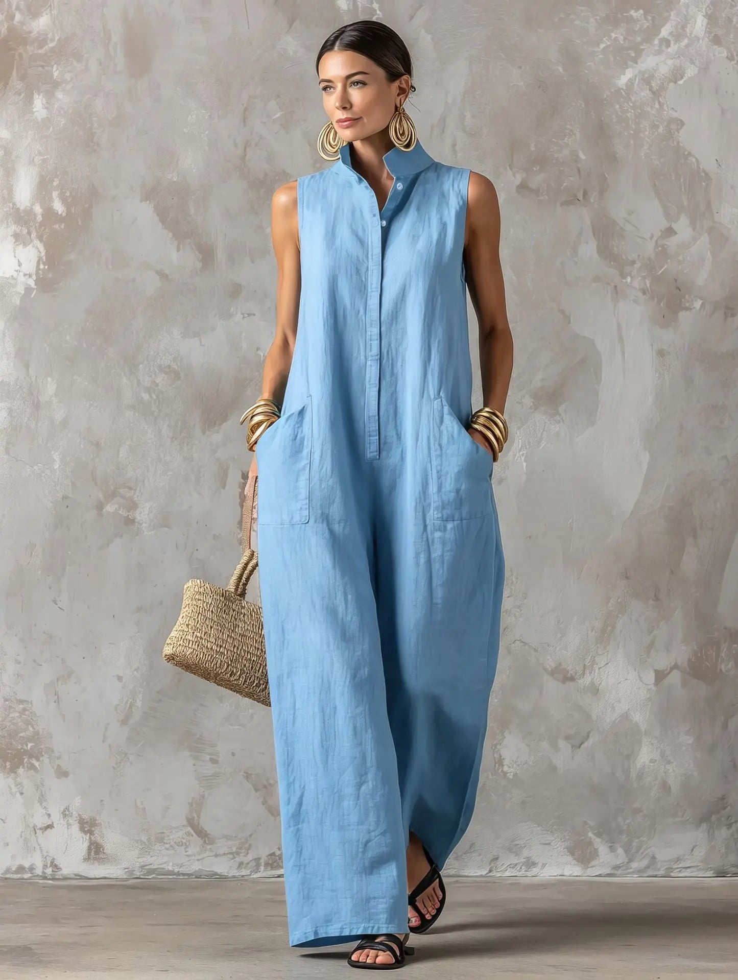 Elegant Women's Sleeveless Linen Blend Jumpsuit Button Down Collared Romper Casual Loose Summer Beach Vacation Boho Jumpsuits