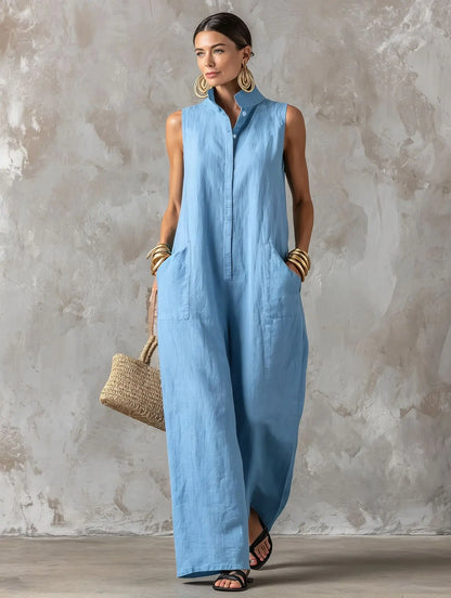 Elegant Women's Sleeveless Linen Blend Jumpsuit Button Down Collared Romper Casual Loose Summer Beach Vacation Boho Jumpsuits