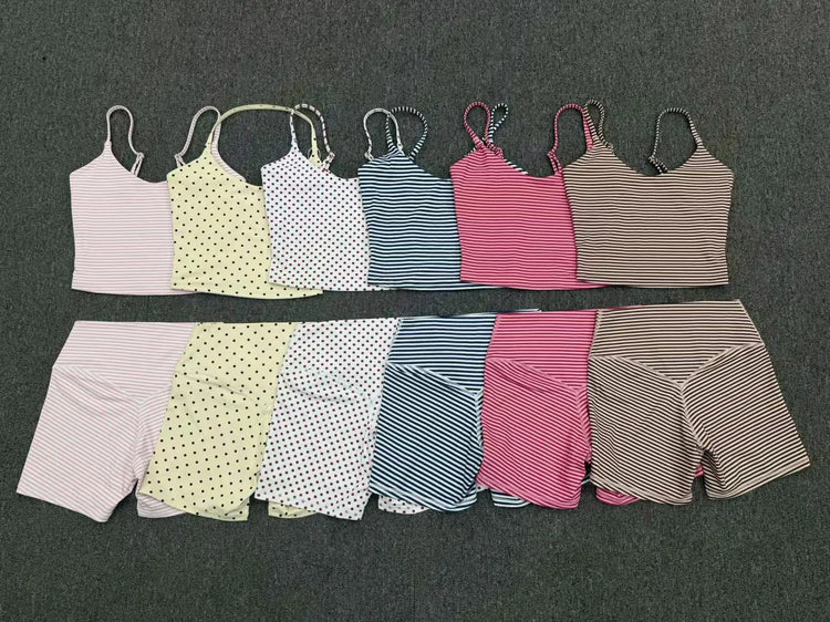 2PCS Stripes And Polka Dots Yoga Suit Women Tracksuits Sports Outfits Gym Clothes Breathable Sports Bra Fitness Flared Pants Set
