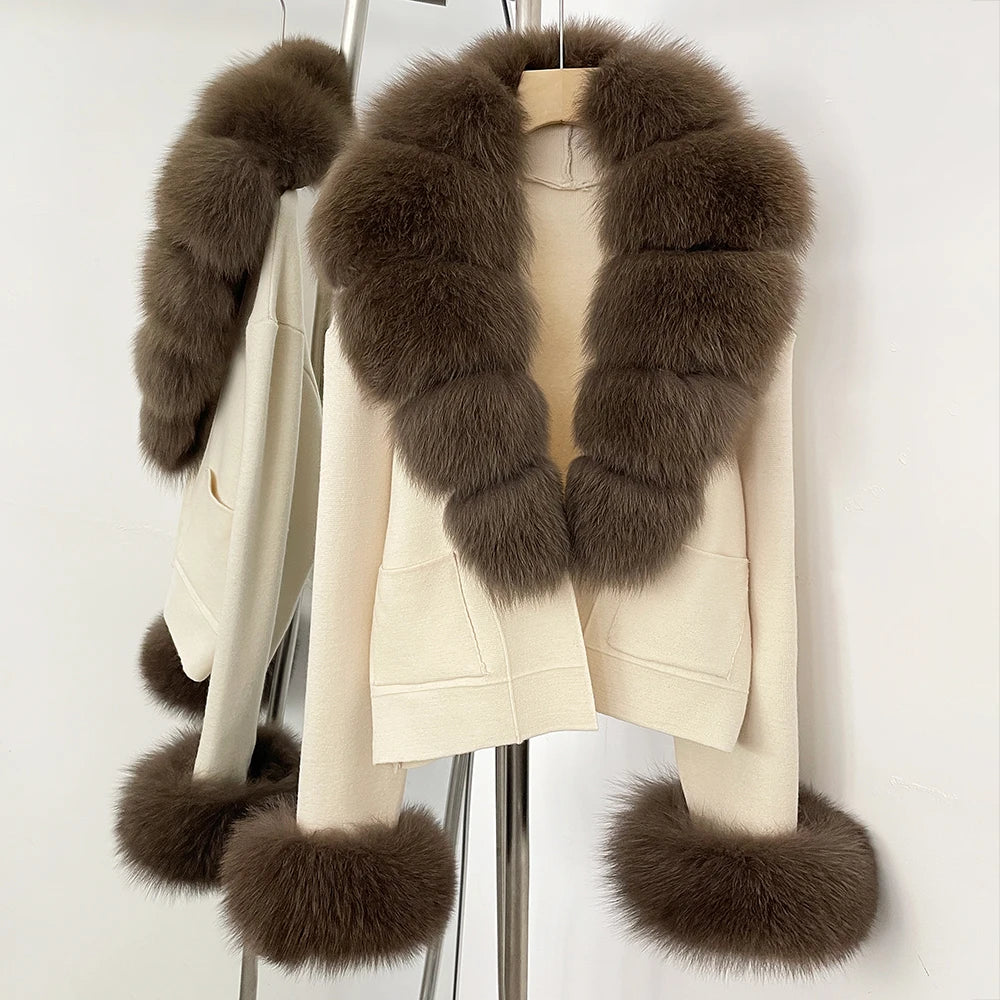 OFTBUY Loose Fit Warm Winter Fashion Lady Outerwear Sweater Female 2025 New Women's Knit Cardigan with Large Real Fox Fur Collar