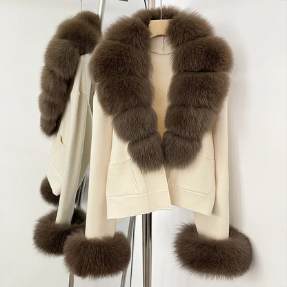OFTBUY Loose Fit Warm Winter Fashion Lady Outerwear Sweater Female 2025 New Women's Knit Cardigan with Large Real Fox Fur Collar