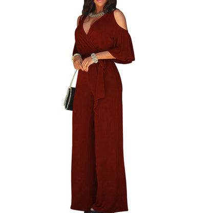 Jumpsuit Summer Pure Color Women Sexy Deep V Neck Short Sleeve Rompers Fashion Slim Fit Lace Up Elegant Female Wide Leg Jumpsuit