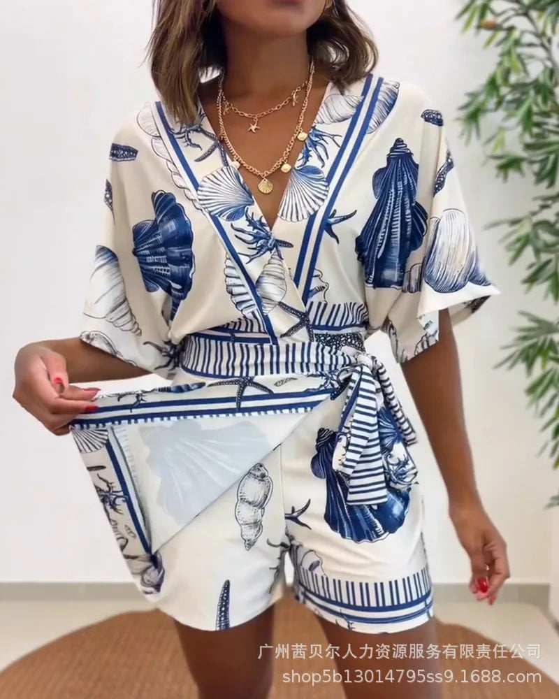 Rompers Women V Neck Half Sleeve One Piece Short Pant Tight Waist Lace Up Y2k Streetwear Jumpsuit Work Beach Casual Floral Print