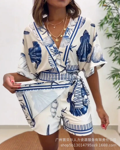 Rompers Women V Neck Half Sleeve One Piece Short Pant Tight Waist Lace Up Y2k Streetwear Jumpsuit Work Beach Casual Floral Print