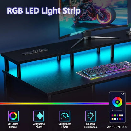 Gaming Computer Desk with Power Outlets, LED, 5 Drawers