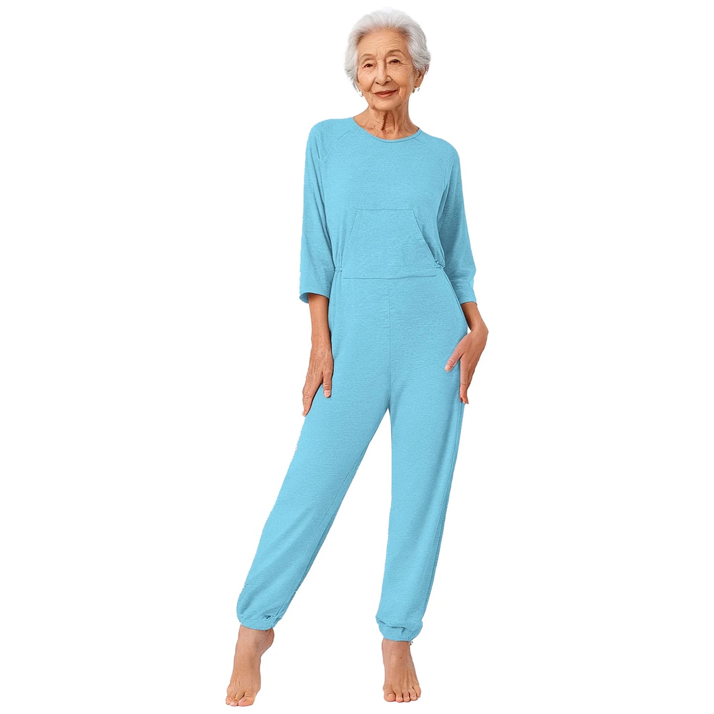 Women's Elderly Anti-Strip Adaptive Jumpsuit Back Legs Zip Long Sleeve Long Pants Nursing Rompers for Special Needs Disabilities