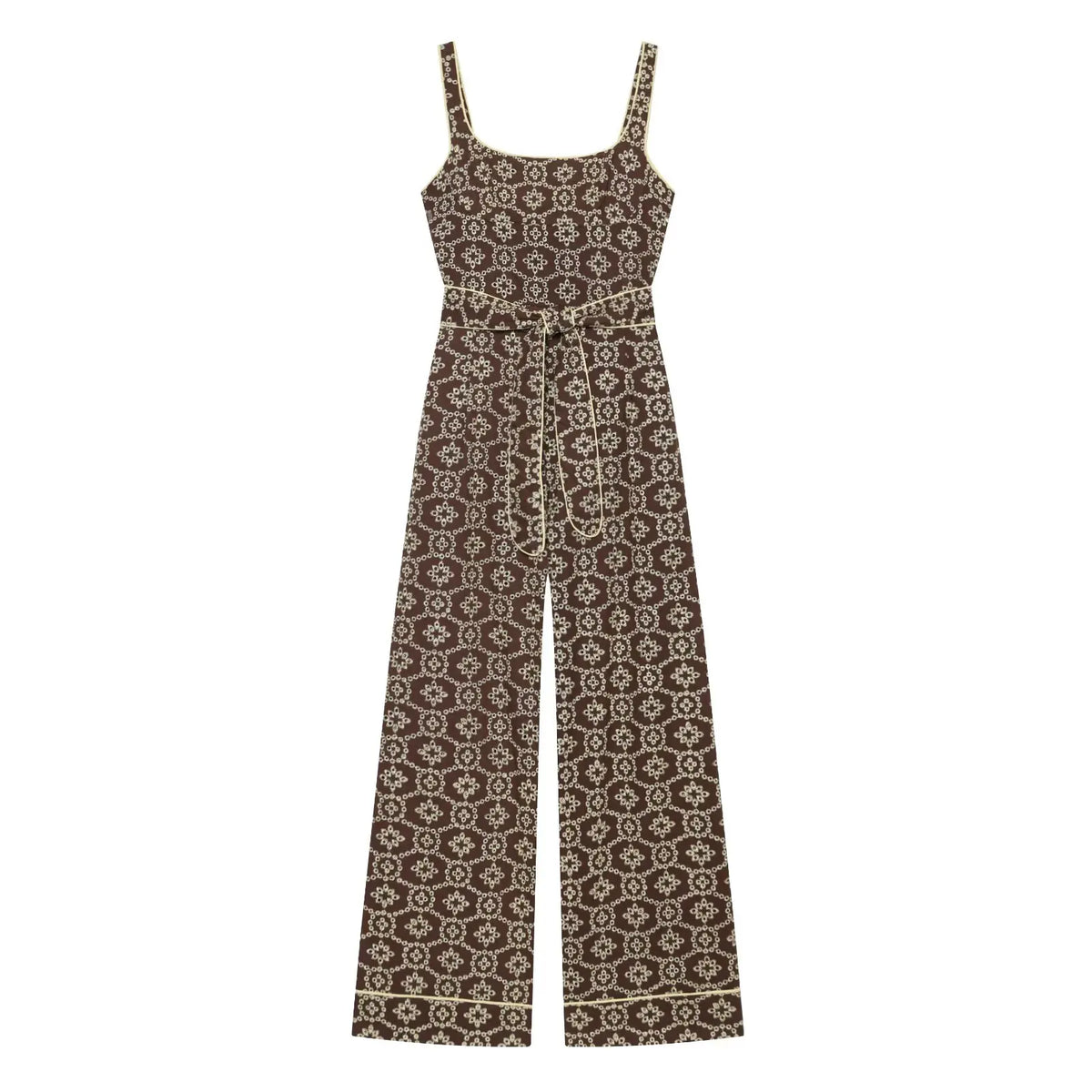 Elegant Embroidered Eyelet Belted Jumpsuits for Women Stylish Round Neck Straight Leg Jumpsuits with Thin Straps and Fabric Belt