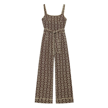 Elegant Embroidered Eyelet Belted Jumpsuits for Women Stylish Round Neck Straight Leg Jumpsuits with Thin Straps and Fabric Belt