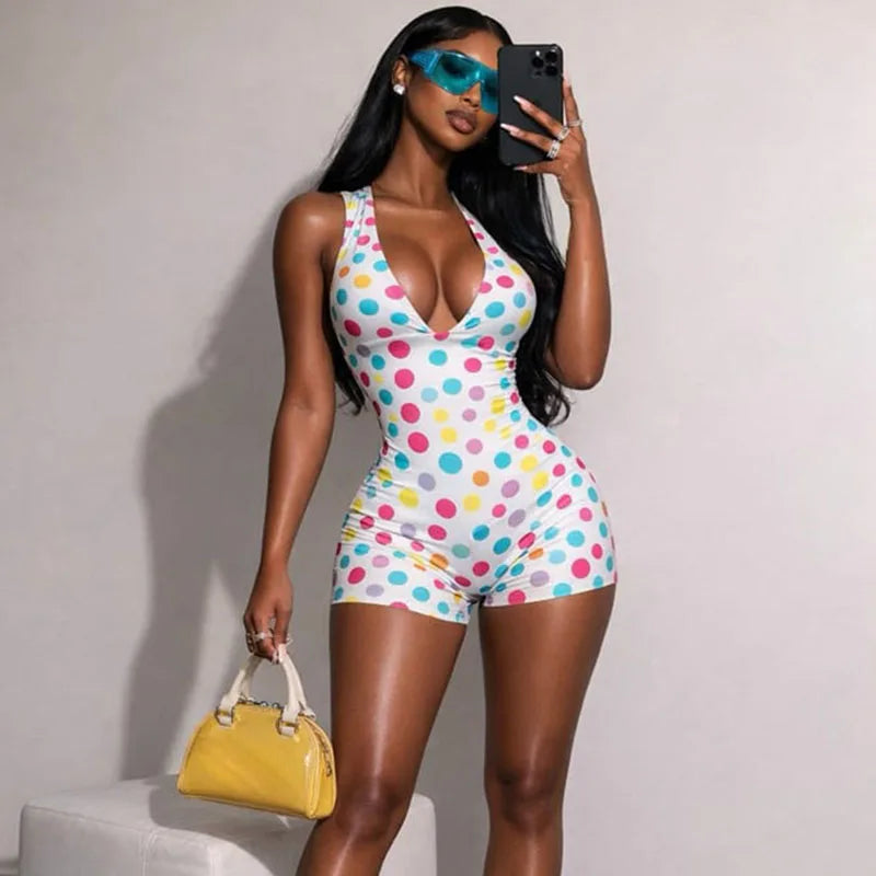 Doyerl Polka Dot Short Jumpsuits for Woman Summer Clothes 2026 Halter V-neck Backless Sleeveless Skinny One Piece Playsuit Mono