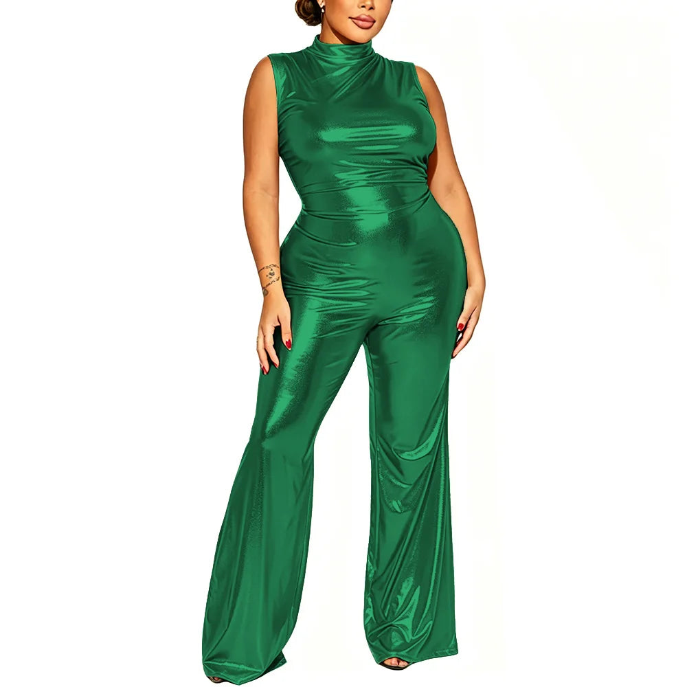 Plus Size Nightclub Wear Jumpsuit Shiny Metallic Sleeveless Women Elegant Jumpsuit Sexy Mock Neck Rompers Wide Leg Long Pants