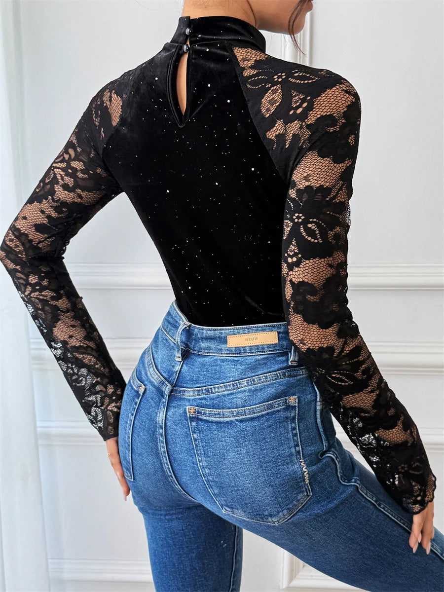Benuynffy Mock Neck Long Sleeve Lace Body Top Women's Autumn 2025 Sexy Party Elegant Glitter Velvet Stretch Slim Female Bodysuit