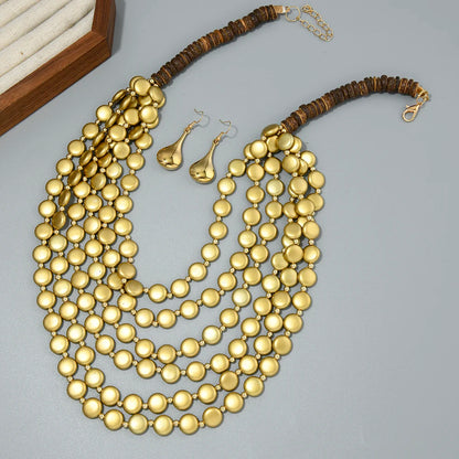 2026 Trend MultiLayer Round Wood Disc Handmade Beaded Statement Necklace Earrings Set For Women Beach Holiday Party Accessories