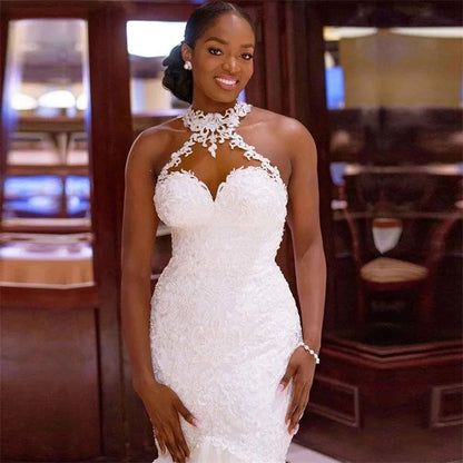 Customized Halter Sheer Neck Vintage Mermaid Wedding Dresses 2025 Africa New Lace Appliques robe de mariée Beading Bride Dress
