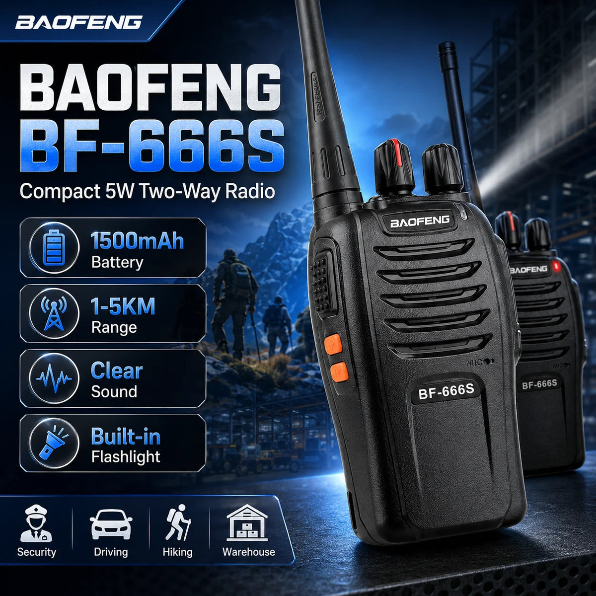 BF-666S Walkie Talkies Two Way Radios UHF 400-480MHz 5W 16CH 1500mAh Long Range Flashlight 2PCS for Security Outdoor